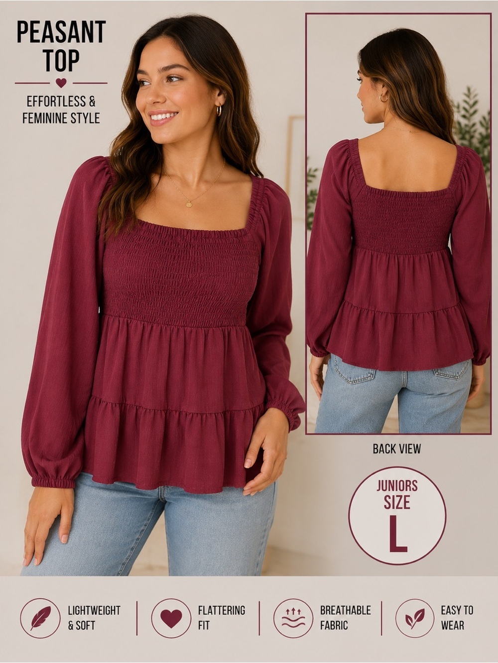 Paper Crane Burgundy Square-Neck Peasant Blouse JUNIORS LARGE